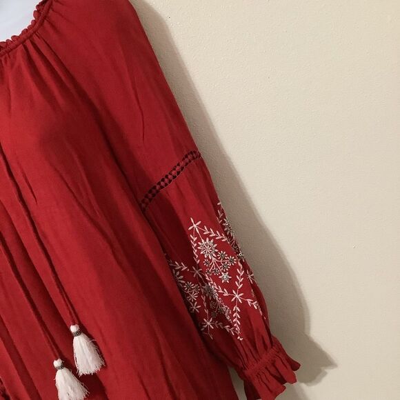 Sweet Magnolia Bohemian Boho Hippie Red Beaded Oversized Peasant Blouse Small - Picture 5 of 14
